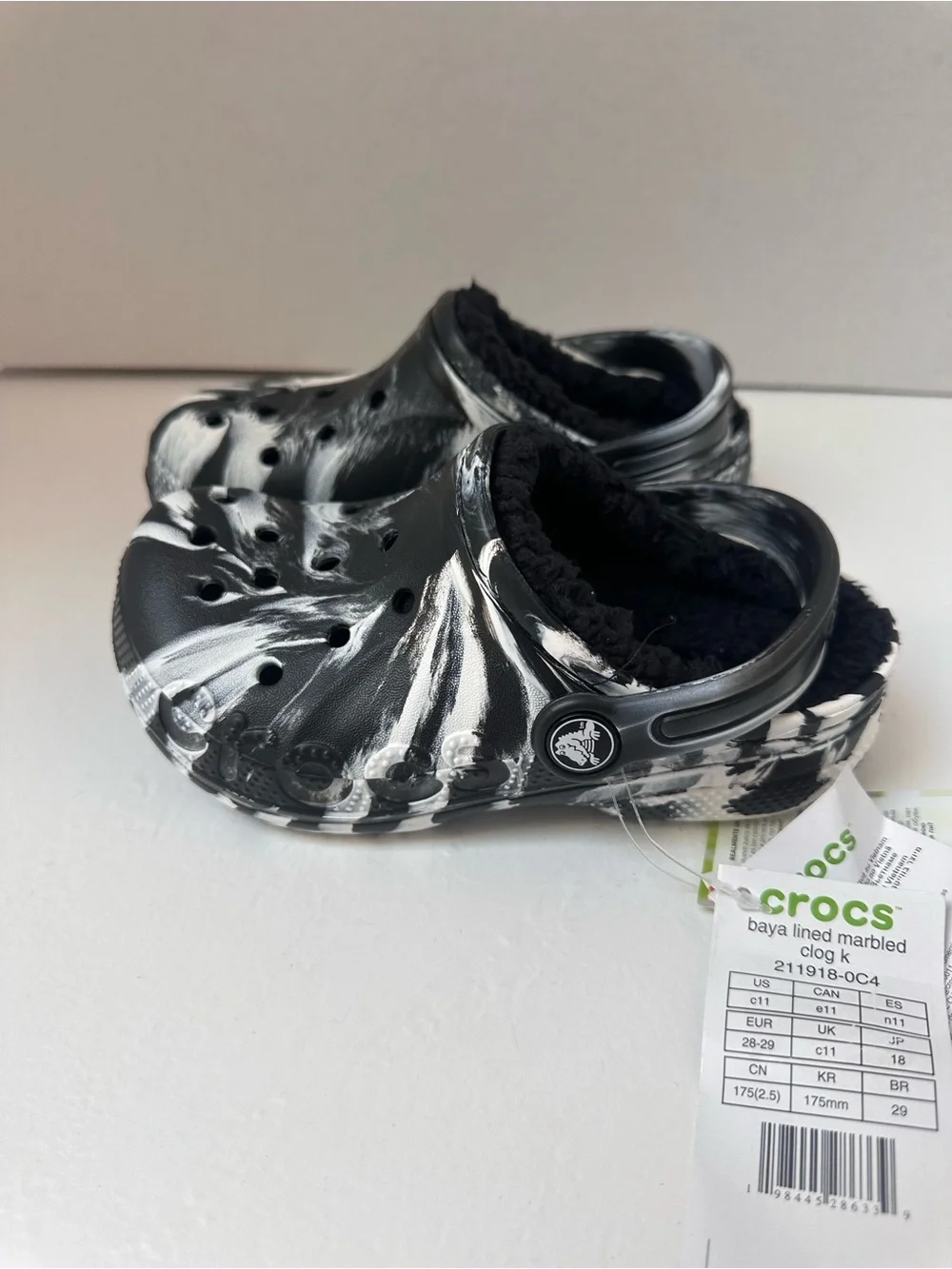 CROCS Kids Black & White Marbled Clog with Fleece Lining